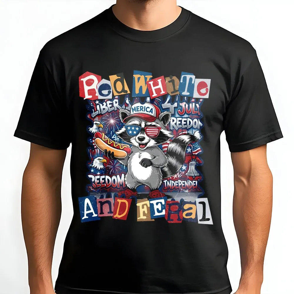 Red White and Feral T-Shirt | Funny Patriotic Raccoon Graphic | Soft Cotton-Blend Pullover | 4th of July Independence Day Gif