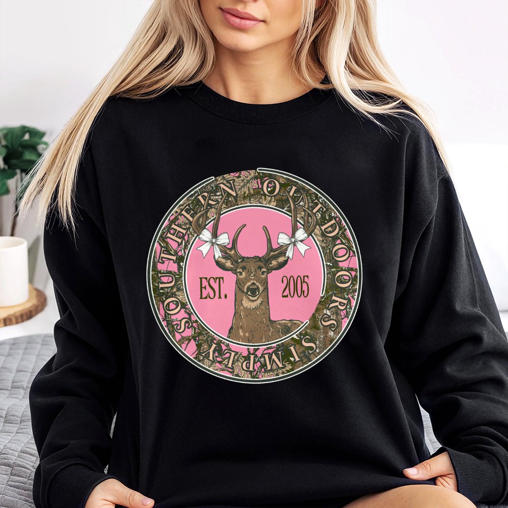 Deer Graphic Sweatshirt | Pink Camo Country Aesthetic | Premium Cotton Blend Crewneck | Cute Bow Hunting Gift For Women