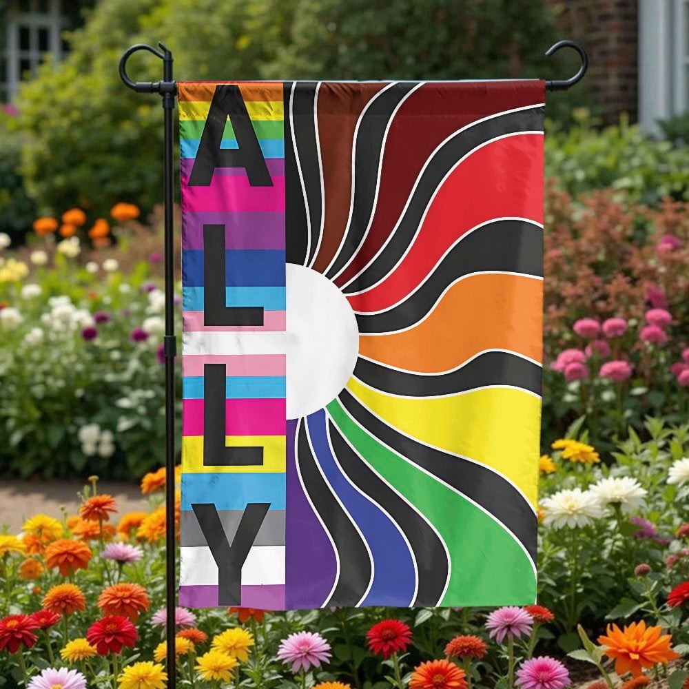 LGBTQ Ally Garden Flag | Pride Rainbow Sunburst Design | Durable Weather-Resistant Polyester | Outdoor Pride Month Decor Gift