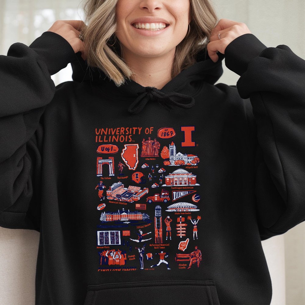 University of Illinois Hoodie | Fighting Illini Campus Landmark Collage | Premium Cotton Blend | Gift for U of I Students Alu