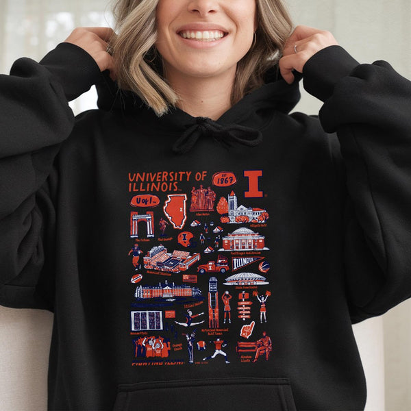 University of Illinois Hoodie | Fighting Illini Campus Landmark Collage | Premium Cotton Blend | Gift for U of I Students Alu