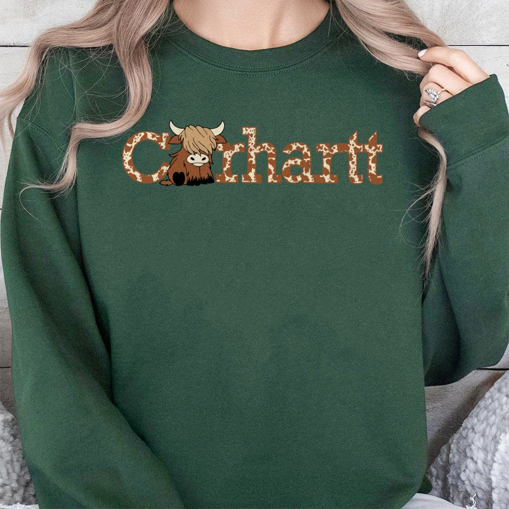 Highland Cow Sweatshirt | Leopard Print Western Graphic | Cotton Blend Premium Crewneck | Trendy Farmhouse Gift For Her