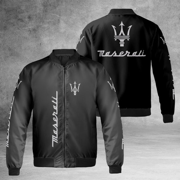 Luxury Car Logo Bomber Jacket | Maserati Trident Script Graphic | Durable Nylon Streetwear | Premium Gift for Automotive Enth