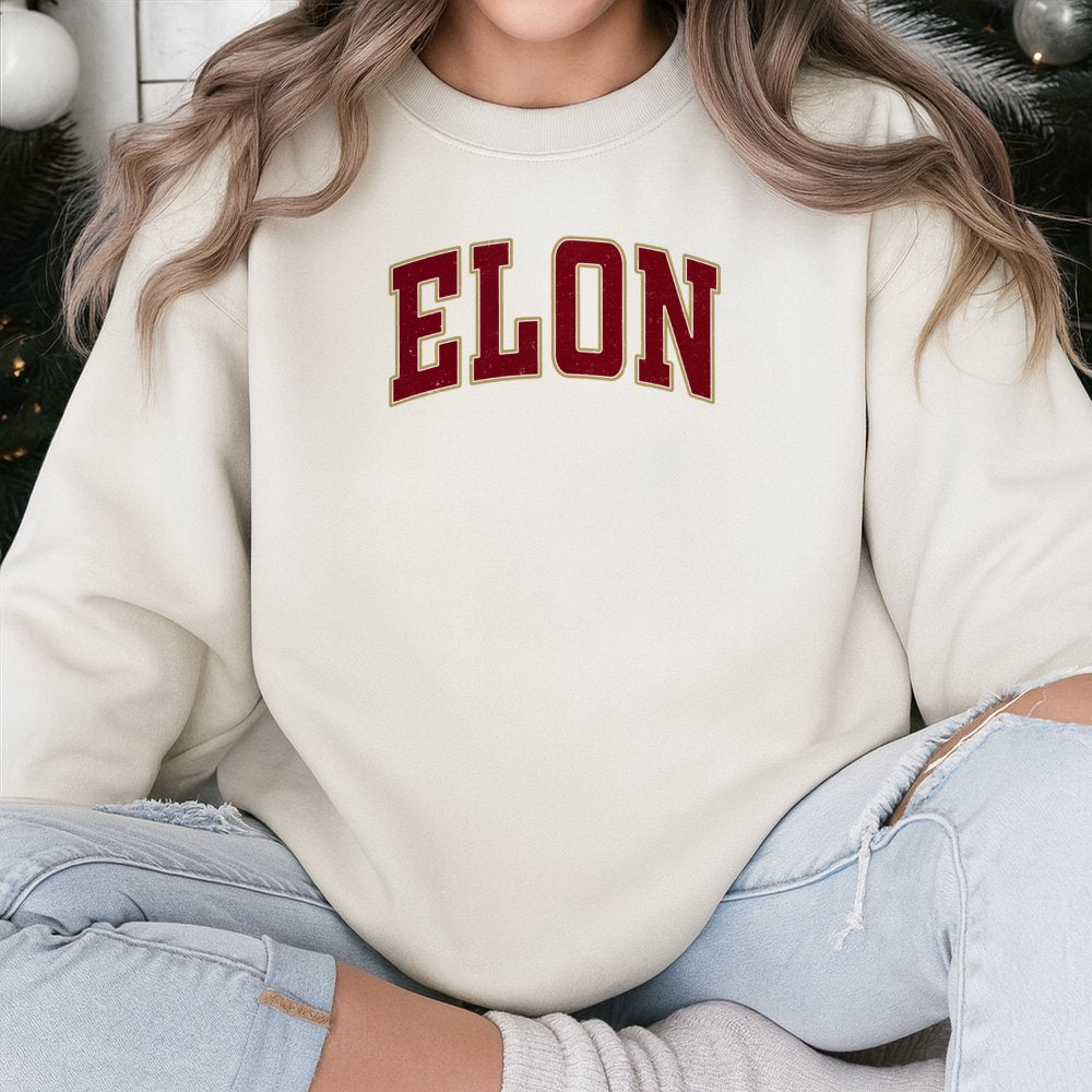Elon University Sweatshirt | Collegiate Varsity Arch Font | Premium Cotton-Blend Fleece | Unisex College Crewneck Gift for St