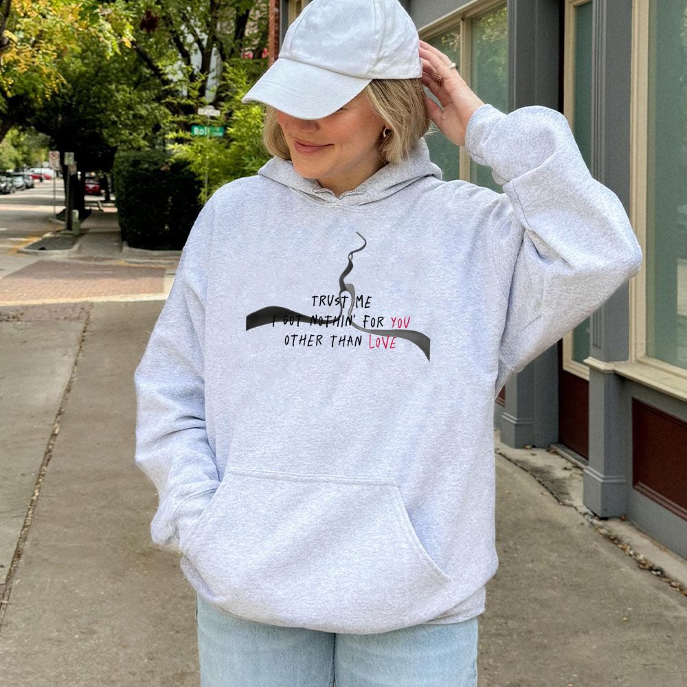 Trust Me Love Hoodie | Aesthetic Graphic Quote Pullover | Premium Cotton-Blend Streetwear | Unisex Emo Alt Fashion Gift