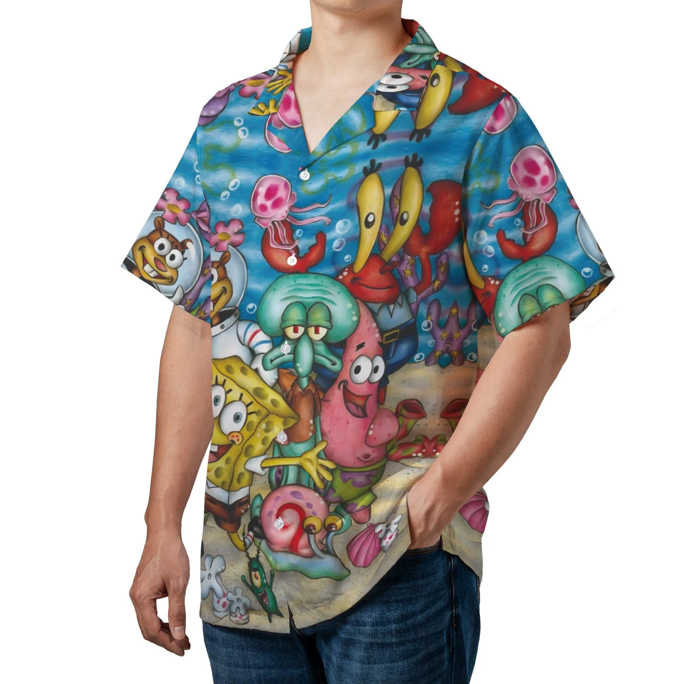Bikini Bottom Friends Hawaiian Shirt | Full Cast Underwater Print | Lightweight Polyester | Collector's Gift for 90s Kids