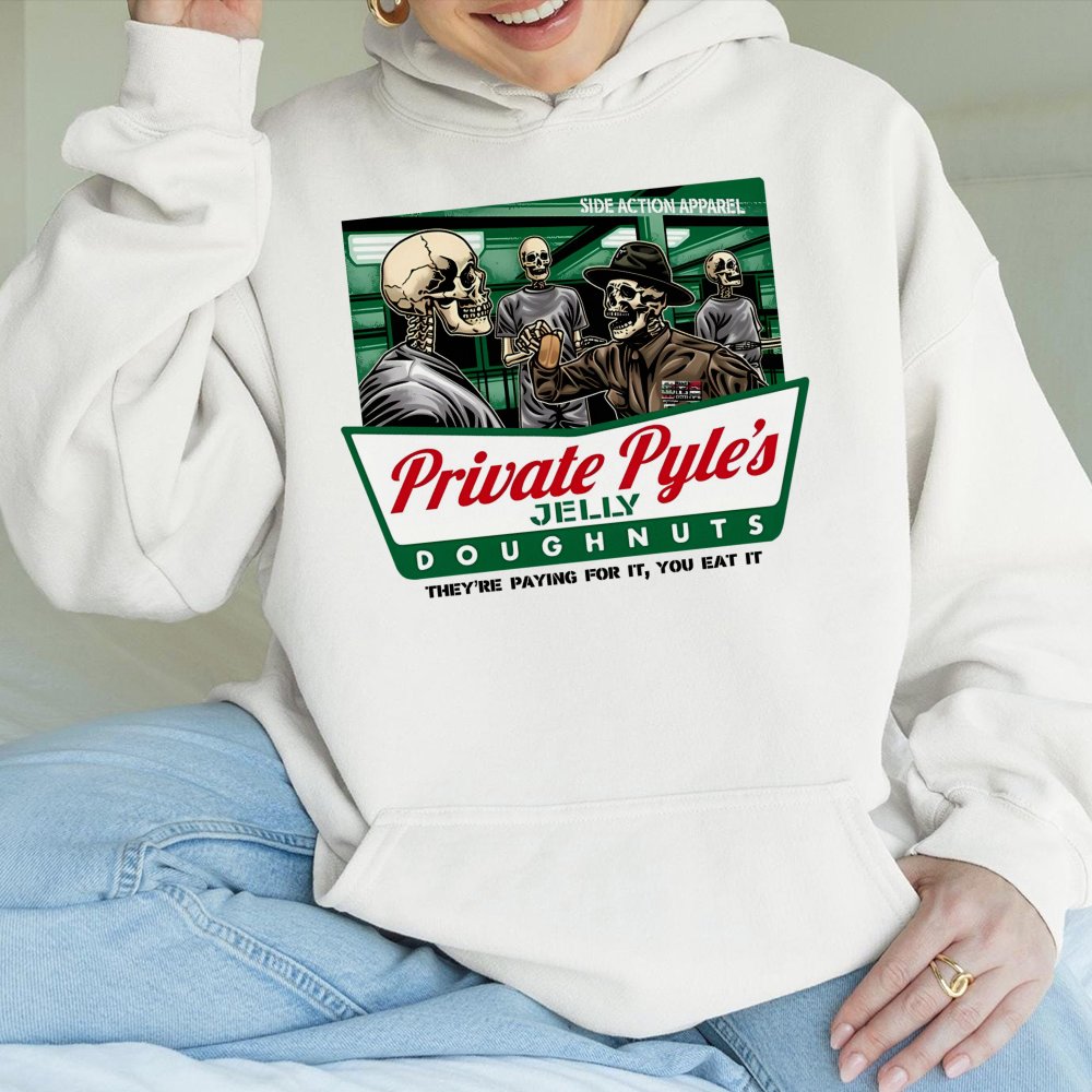 Private Pyle Jelly Doughnuts Hoodie | Military Humor Skeleton Graphic | Cotton-Poly Blend Sweatshirt | Funny Retro Movie Fan 