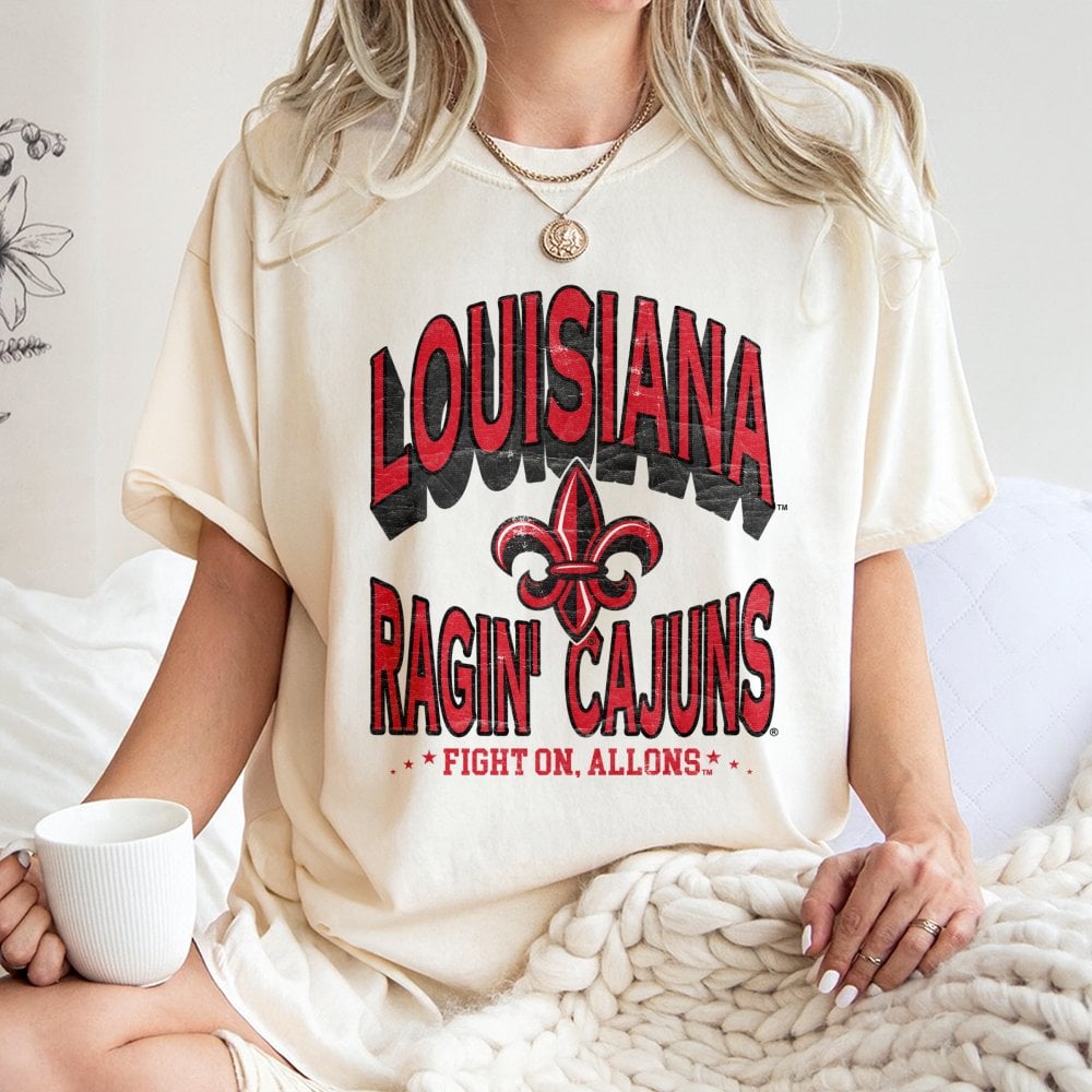 Louisiana Ragin' Cajuns T-Shirt | Vintage Distressed Fleur-De-Lis Graphic | 100% Cotton Premium Apparel | Gift for UL Fans & 