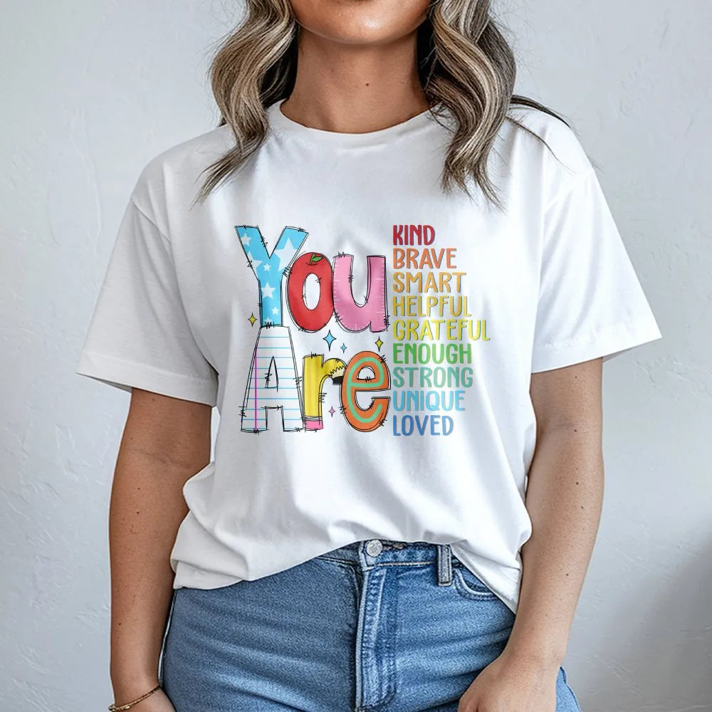 Positive Affirmation Tee | Colorful 'You Are Kind Brave Smart' Graphic | Soft Breathable Cotton | Mental Health Awareness Gif