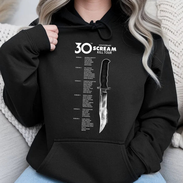 Horror Movie Kill List Hoodie | 30th Anniversary Scream Graphic | Premium Cotton Blend | Unisex Fan Gift for Movie Buffs