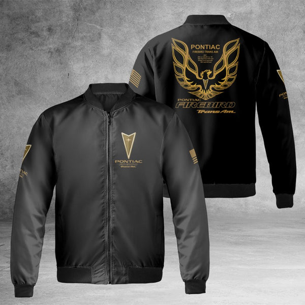 Pontiac Firebird Trans Am Bomber Jacket | Screaming Chicken V8 Gold Graphic | Premium Nylon Outerwear | Gift for Muscle Car E