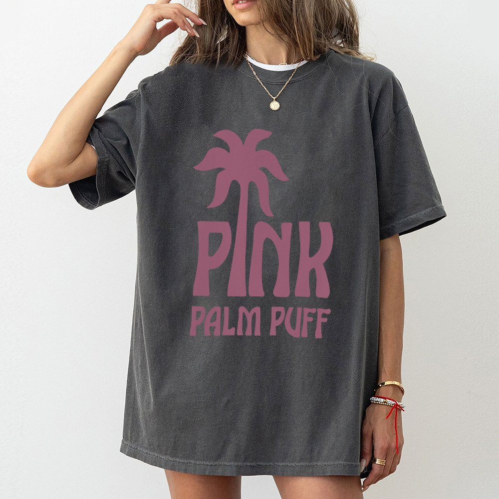 Pink Palm Puff T-Shirt | Retro Tropical Beach Aesthetic Graphic | Premium 100% Cotton Tee | Trendy Unisex Summer Gift For Bea