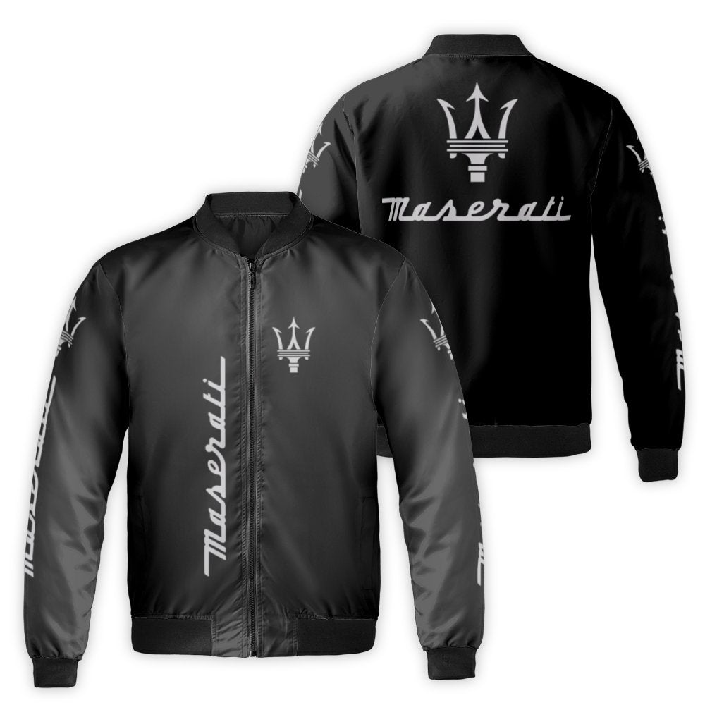 Luxury Car Logo Bomber Jacket | Maserati Trident Script Graphic | Durable Nylon Streetwear | Premium Gift for Automotive Enth
