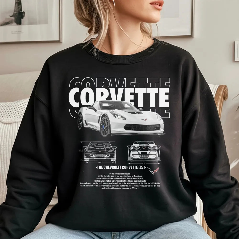 Corvette C7 Sweatshirt | Vintage Blueprint Sports Car Graphic | Premium Cotton Blend Unisex Pullover | Car Enthusiast Gift