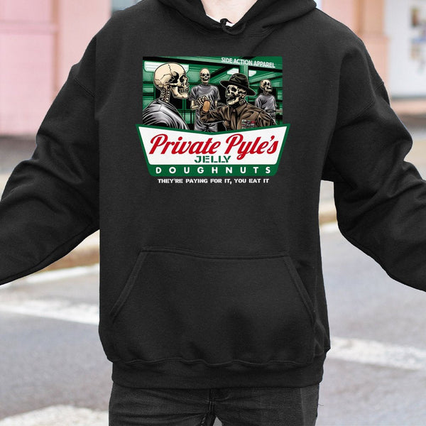 Private Pyle Jelly Doughnuts Hoodie | Military Humor Skeleton Graphic | Cotton-Poly Blend Sweatshirt | Funny Retro Movie Fan 