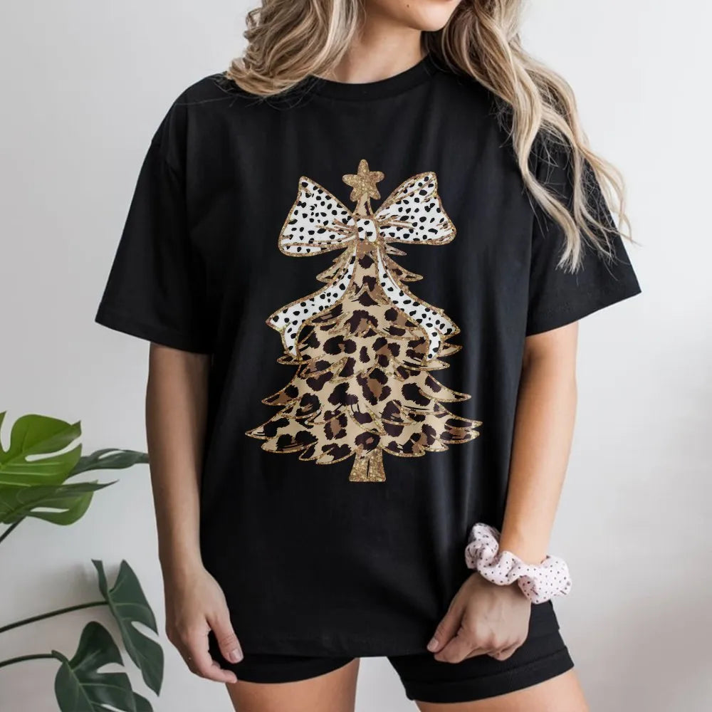 Leopard Print Christmas Tree T-Shirt | Festive Polka Dot Bow Graphic | Soft Cotton Holiday Apparel | Cute Women's Winter Gift