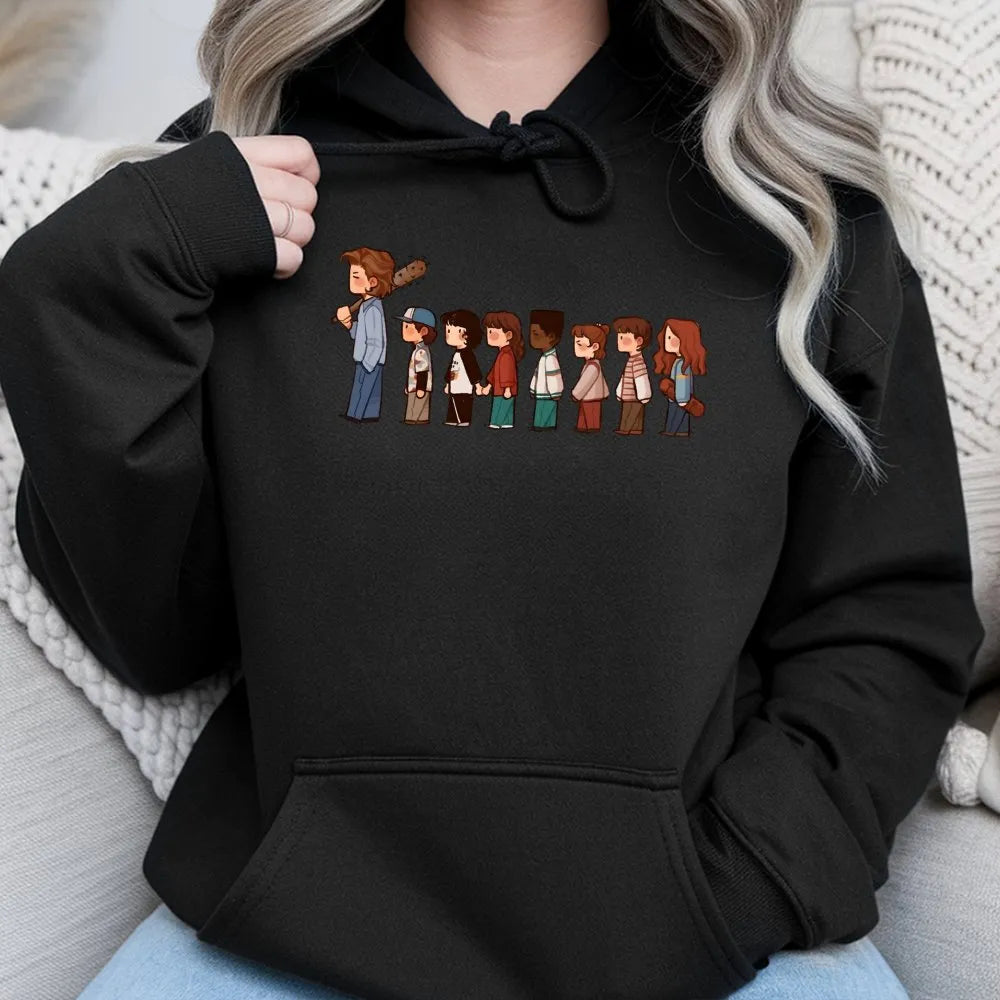 Stranger TV Show Hoodie | Chibi Character Lineup Graphic | Premium Cotton Blend Unisex Sweatshirt | Retro Sci-Fi Fan Gift