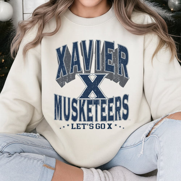 Xavier Musketeers Sweatshirt | Distressed Collegiate X Logo | Unisex Cotton Blend Crewneck | Vintage Sports Fan Gift for Alum