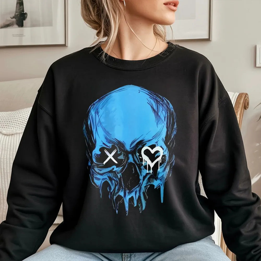 Blue Skull Graphic Sweatshirt | Heart Eye Grunge Aesthetic | Premium Cotton Blend | Dark Romance Bookish Gift for Readers
