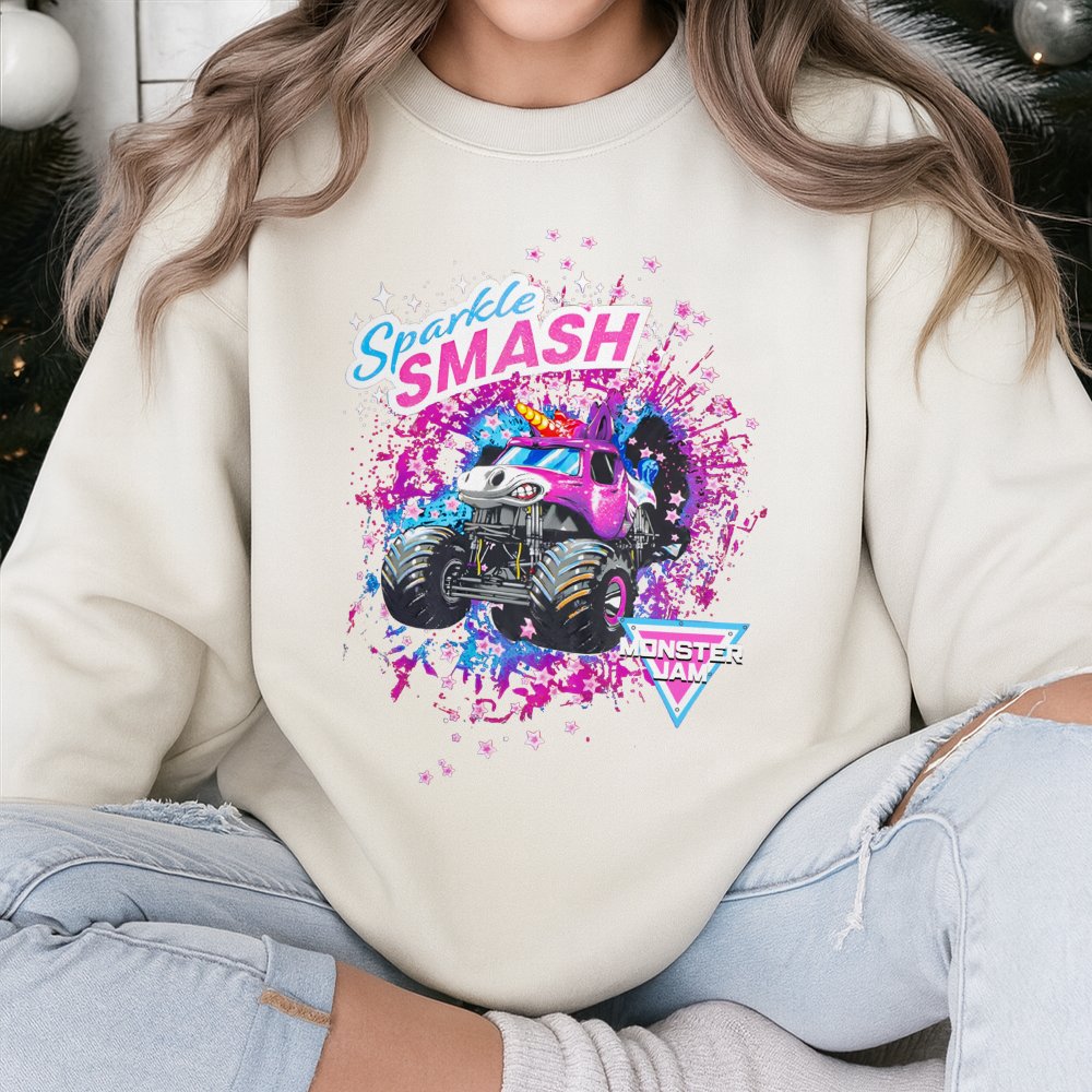 Sparkle Smash Unicorn Sweatshirt | Retro Monster Truck Graphic | Cotton Blend Premium Crewneck | Fun Birthday Gift for Girls 