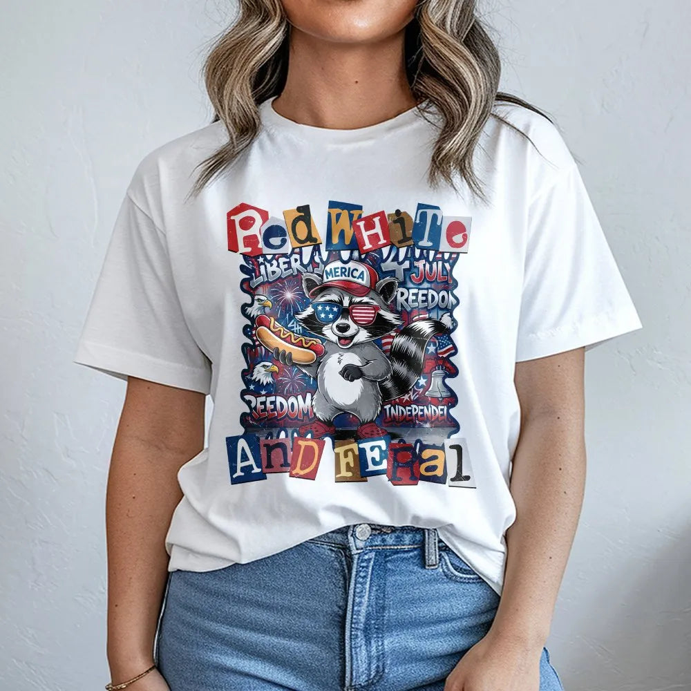 Red White and Feral T-Shirt | Funny Patriotic Raccoon Graphic | Soft Cotton-Blend Pullover | 4th of July Independence Day Gif