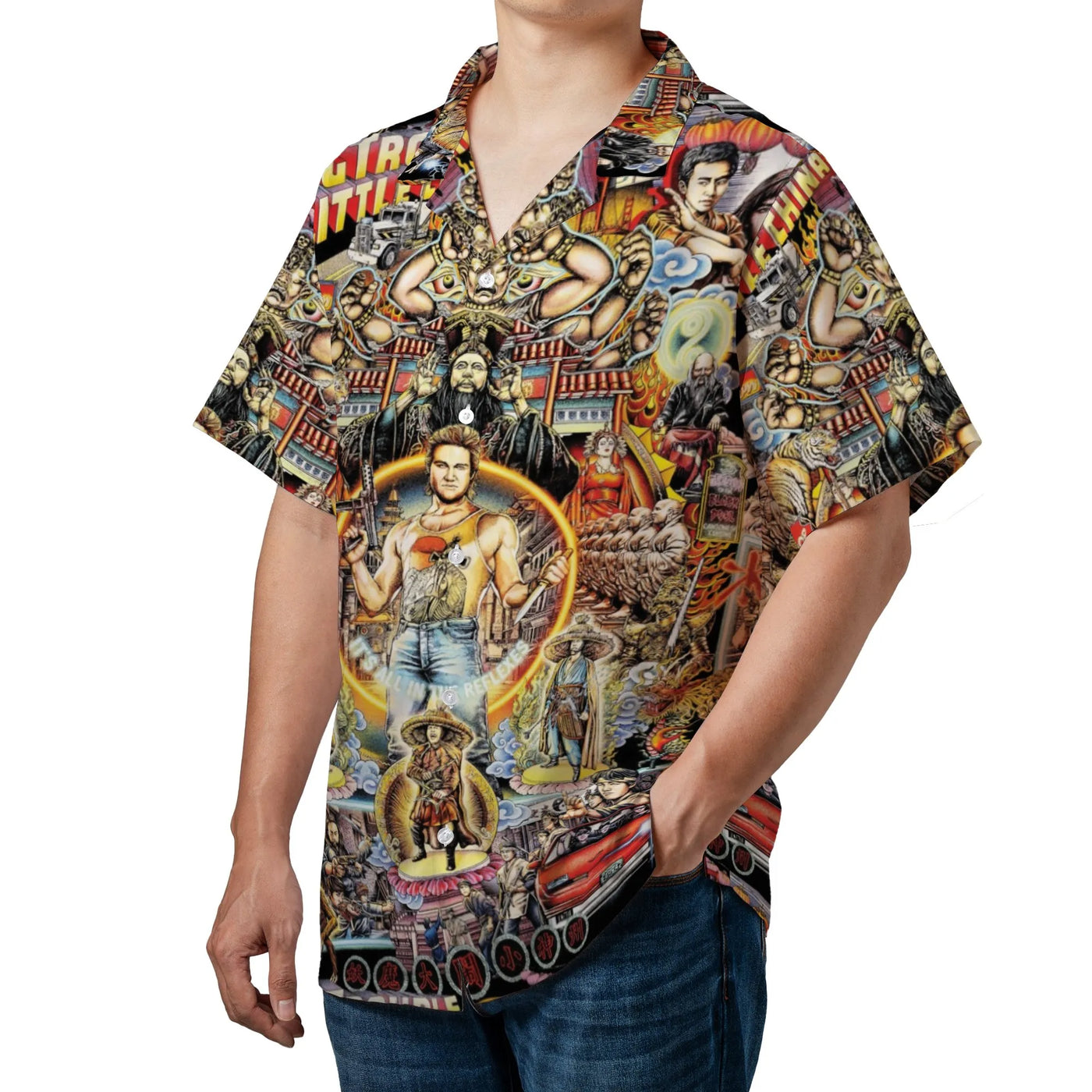 Big Trouble in Little China Hawaiian Shirt | Retro 80s Movie Poster Collage | Woven Polyester Aloha Shirt | Collector's Gift 