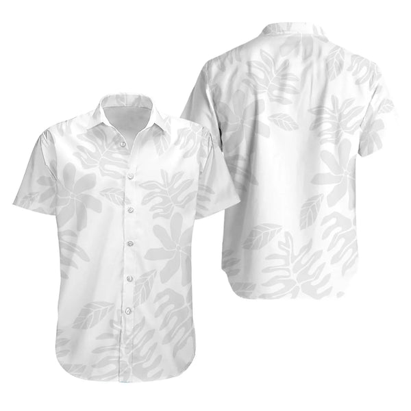 Tropical White Hawaiian Shirt | Subtle Botanical Island Print | Lightweight Polyester Fabric | Summer Vacation Beach Wear Gif