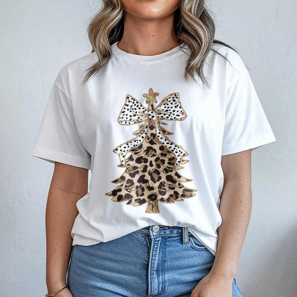 Leopard Print Christmas Tree T-Shirt | Festive Polka Dot Bow Graphic | Soft Cotton Holiday Apparel | Cute Women's Winter Gift