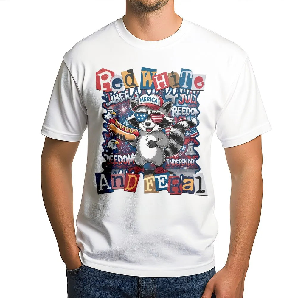 Red White and Feral T-Shirt | Funny Patriotic Raccoon Graphic | Soft Cotton-Blend Pullover | 4th of July Independence Day Gif
