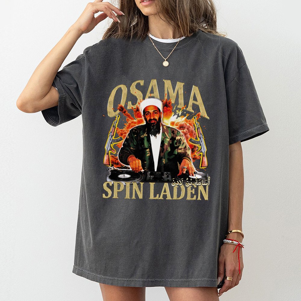 Osama Spin Laden T-Shirt | 90s Vintage Rap Graphic Style | Premium Cotton Apparel | Funny DJ Parody Gift for Music Lovers