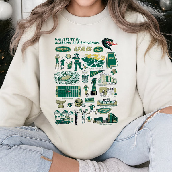UAB Sweatshirt | University Of Alabama At Birmingham Campus Collage | Premium Cotton Blend | Gift For Blazers Fans Students A