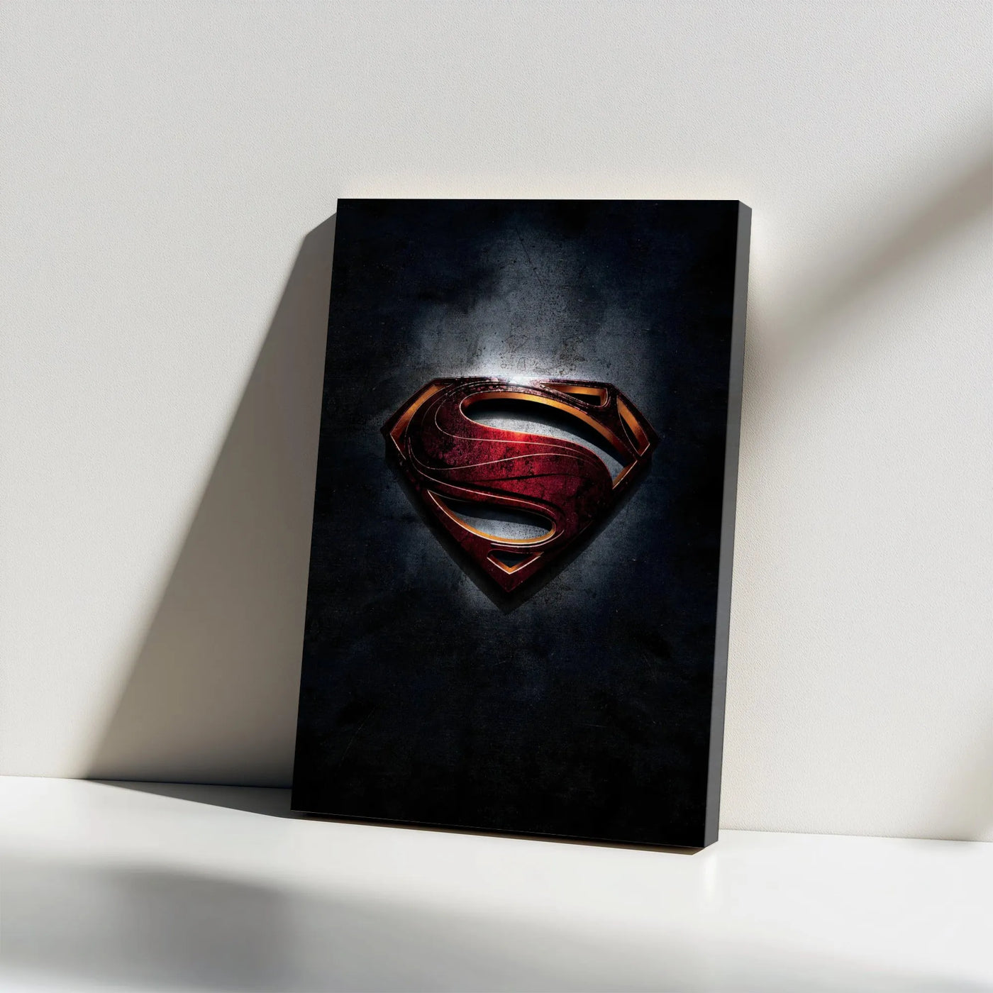 Superhero Shield Wall Art | Dark Metallic Symbol Gallery Wrap | Premium Stretched Canvas Print | Modern Office or Bedroom Dec