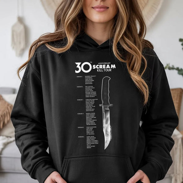 Horror Movie Kill List Hoodie | 30th Anniversary Scream Graphic | Premium Cotton Blend | Unisex Fan Gift for Movie Buffs