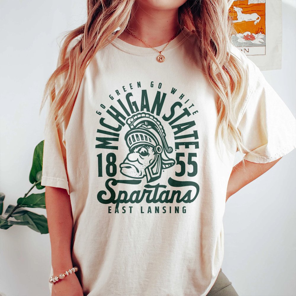 Michigan State Spartans T-Shirt | Go Green Go White Mascot Graphic | Soft Premium Cotton | University College Game Day Gift