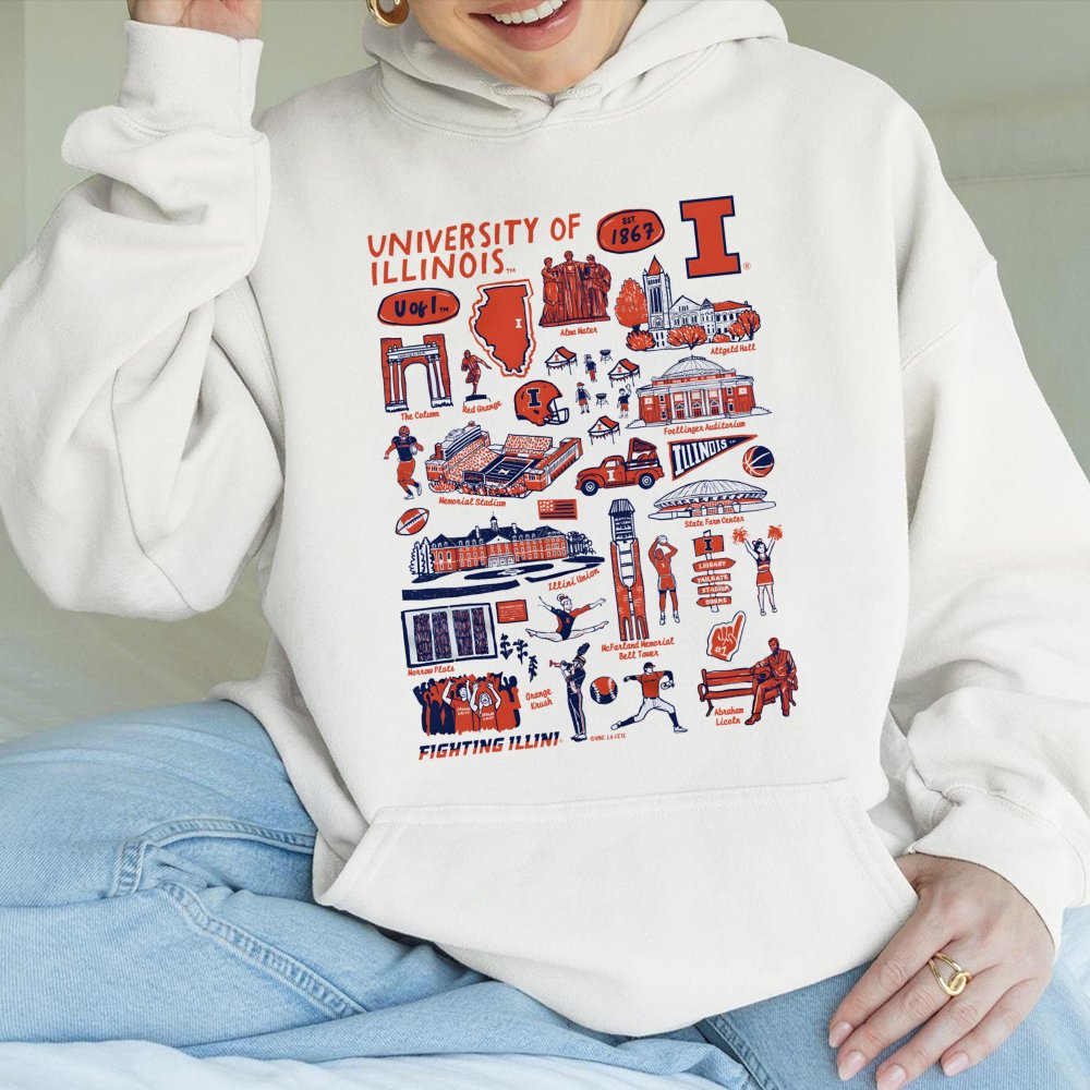 University of Illinois Hoodie | Fighting Illini Campus Landmark Collage | Premium Cotton Blend | Gift for U of I Students Alu
