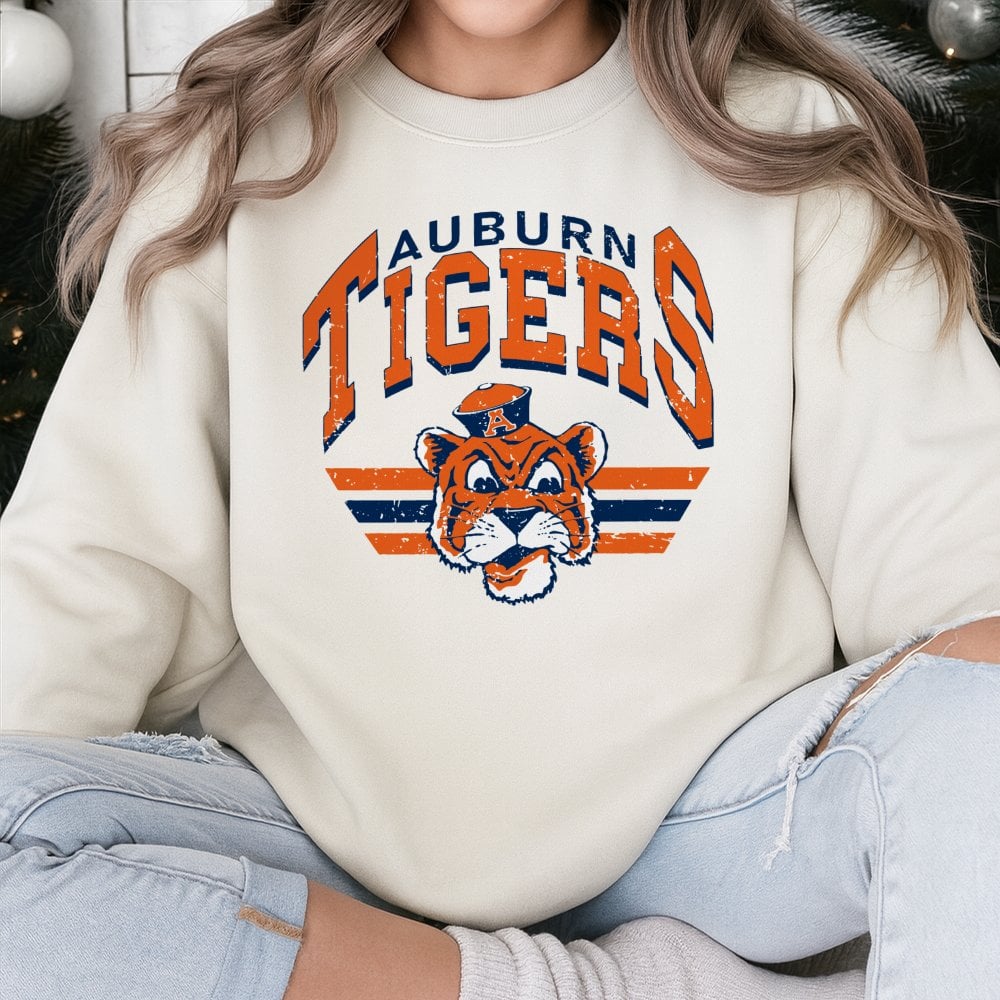 Auburn Tigers Sweatshirt | Vintage Mascot Distressed Logo Graphic | Premium Cotton Blend | College Football Fan Gift For Stud