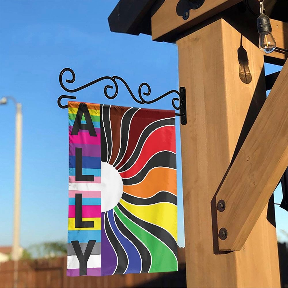 LGBTQ Ally Garden Flag | Pride Rainbow Sunburst Design | Durable Weather-Resistant Polyester | Outdoor Pride Month Decor Gift