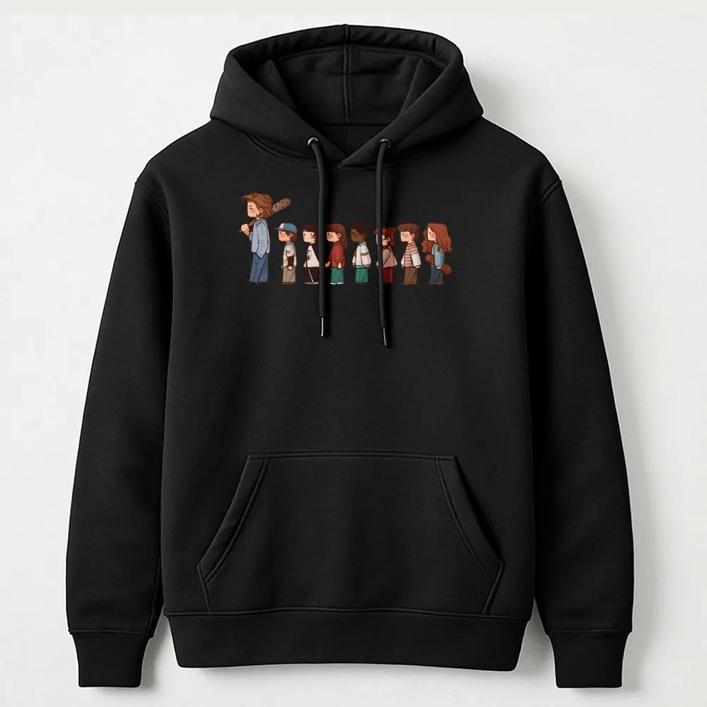 Stranger TV Show Hoodie | Chibi Character Lineup Graphic | Premium Cotton Blend Unisex Sweatshirt | Retro Sci-Fi Fan Gift
