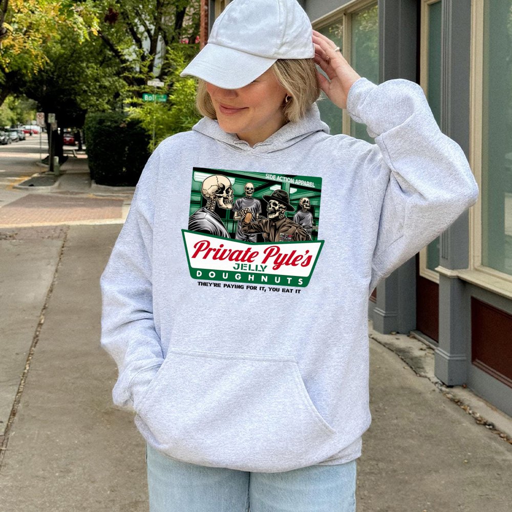 Private Pyle Jelly Doughnuts Hoodie | Military Humor Skeleton Graphic | Cotton-Poly Blend Sweatshirt | Funny Retro Movie Fan 