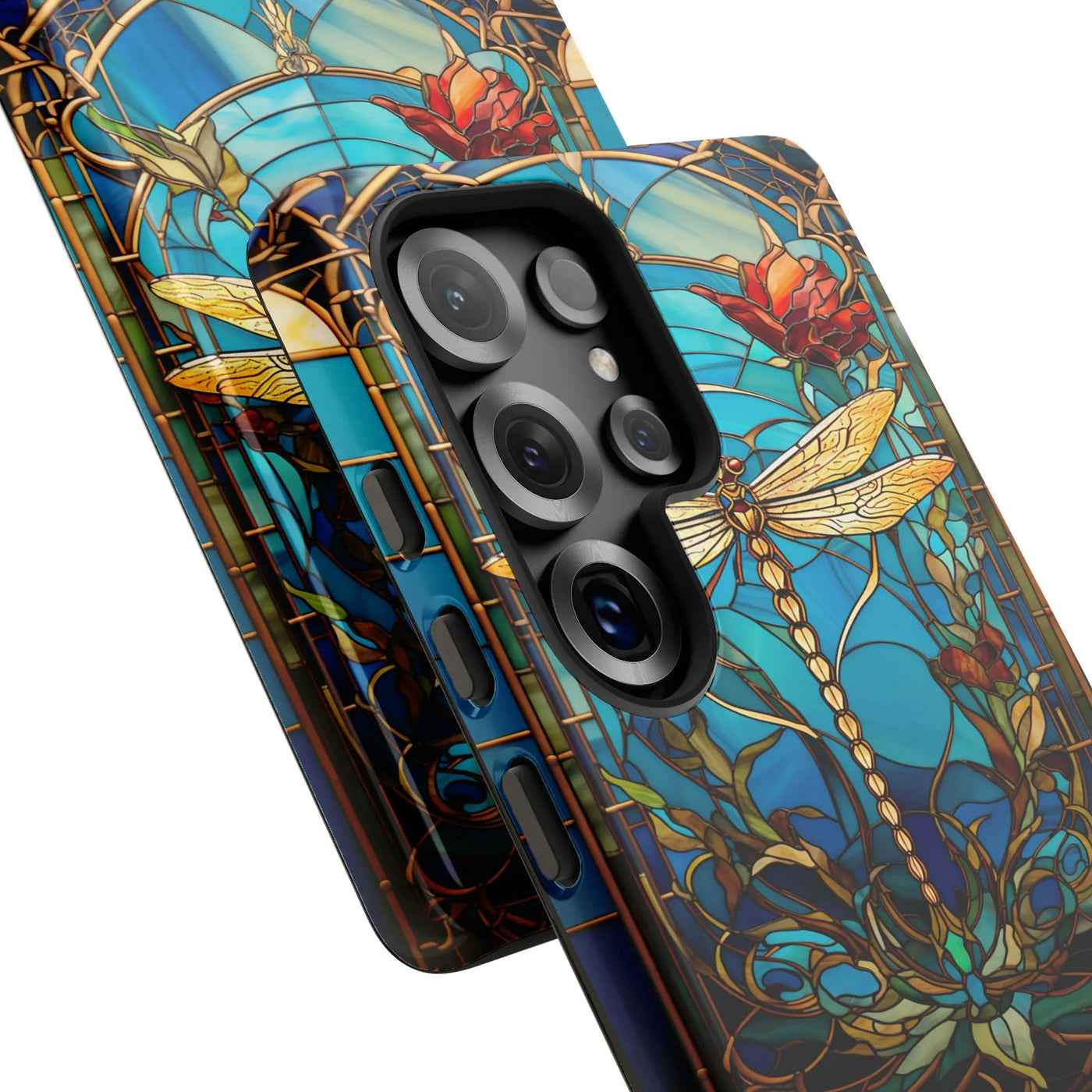 Stained Glass Dragonfly Phone Case | Artistic Floral Nature Pattern | Dual-Layer Polycarbonate Protection | Unique Gift for S