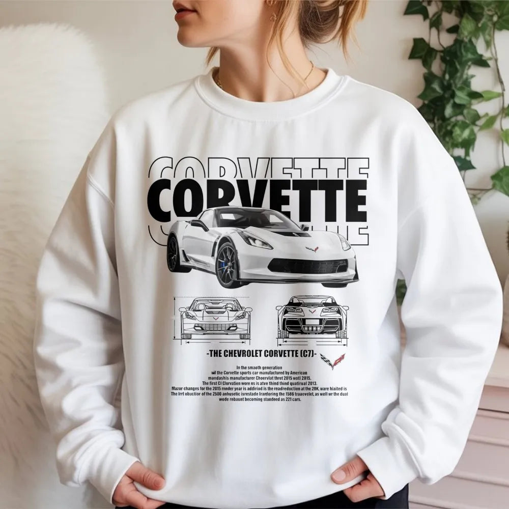 Corvette C7 Sweatshirt | Vintage Blueprint Sports Car Graphic | Premium Cotton Blend Unisex Pullover | Car Enthusiast Gift
