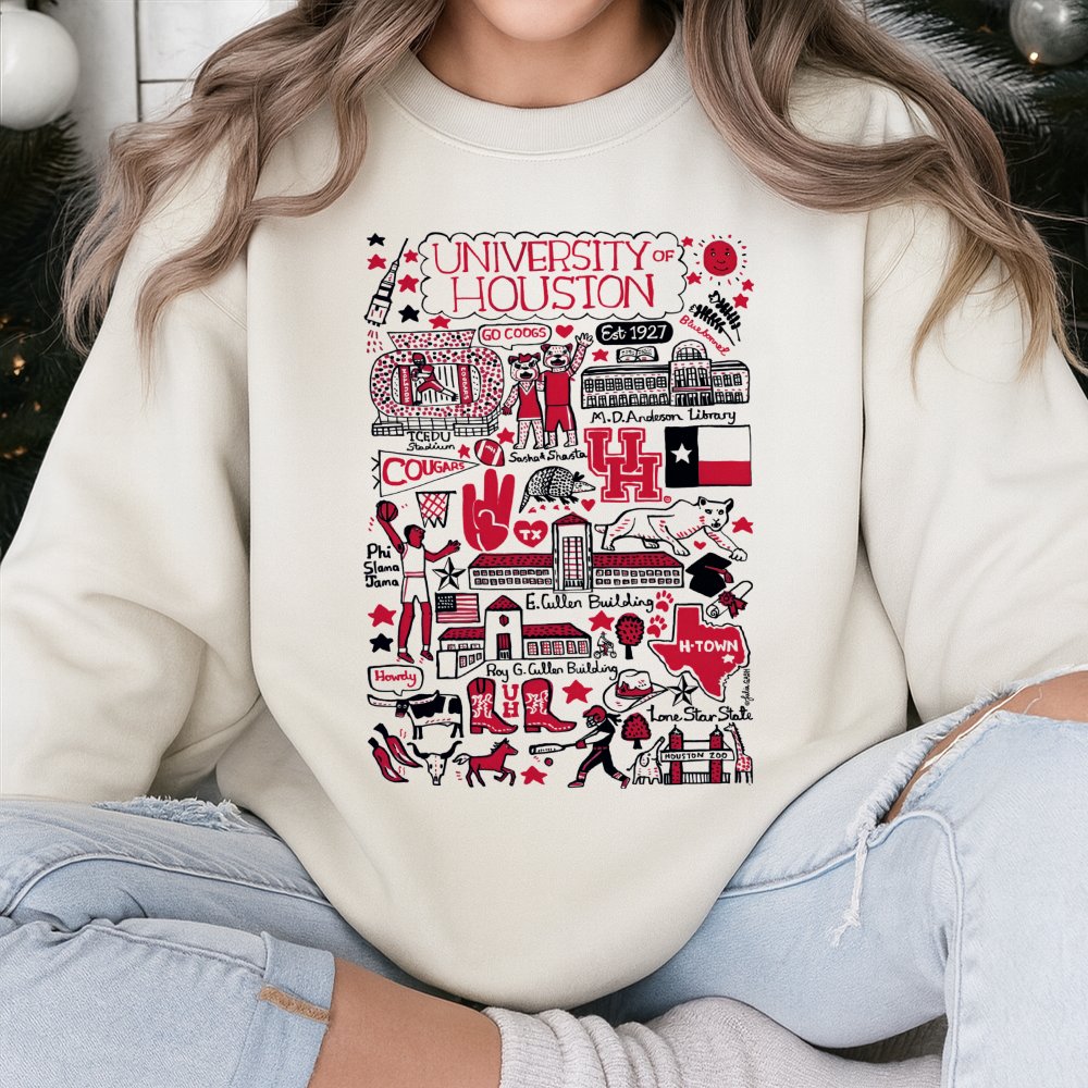 University of Houston Sweatshirt | UH Cougars Mascot Doodle Collage | Premium Cotton Blend | Gift for Students Alumni and Fan