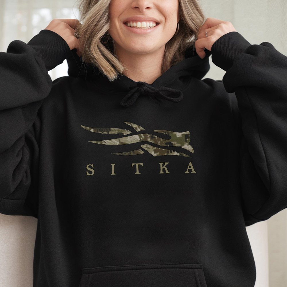 Sitka Hunting Graphic Hoodie | Camo Logo Pullover Sweatshirt | Premium Cotton-Polyester Blend | Outdoor Enthusiast Gift
