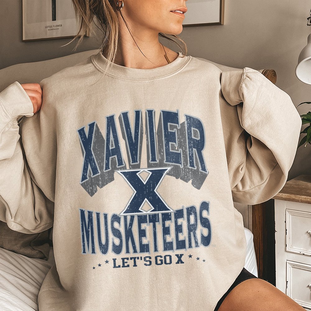 Xavier Musketeers Sweatshirt | Distressed Collegiate X Logo | Unisex Cotton Blend Crewneck | Vintage Sports Fan Gift for Alum