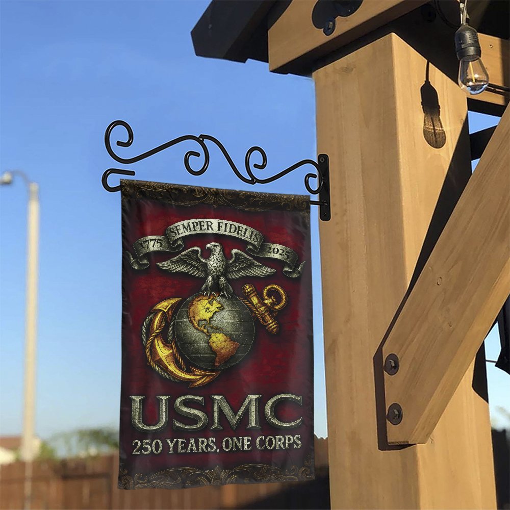 US Marine Corps Garden Flag | USMC 250th Anniversary Design | Double Sided Weather Resistant Polyester | Patriotic Veteran Gi