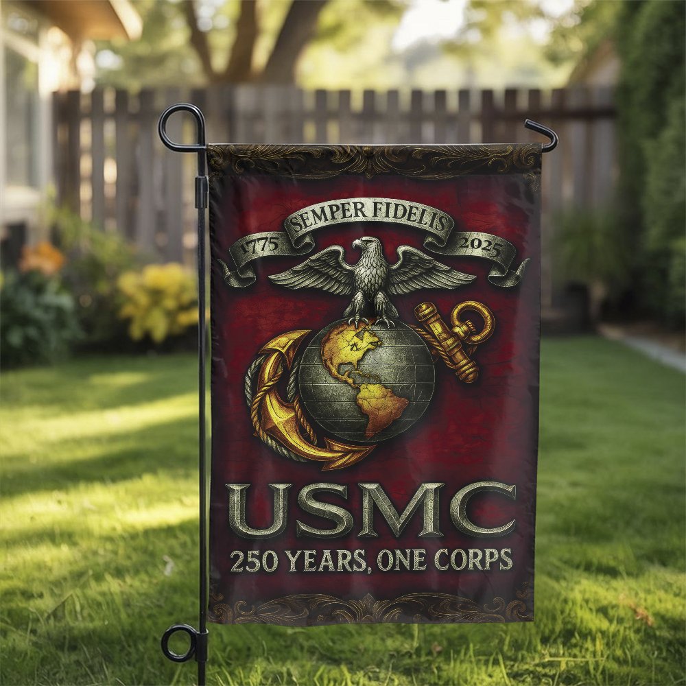 US Marine Corps Garden Flag | USMC 250th Anniversary Design | Double Sided Weather Resistant Polyester | Patriotic Veteran Gi