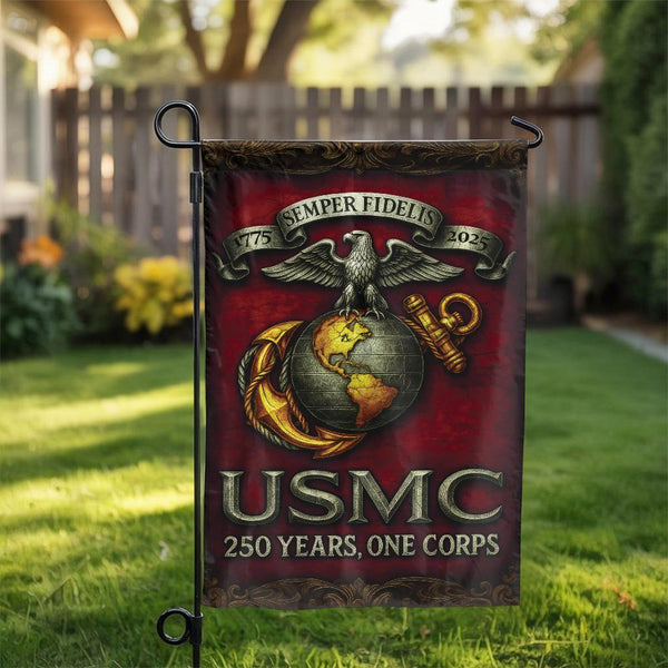 US Marine Corps Garden Flag | USMC 250th Anniversary Design | Double Sided Weather Resistant Polyester | Patriotic Veteran Gi