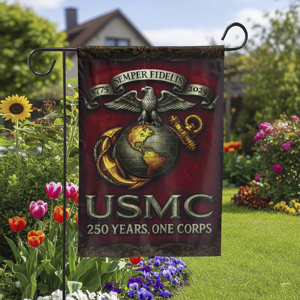 US Marine Corps Garden Flag | USMC 250th Anniversary Design | Double Sided Weather Resistant Polyester | Patriotic Veteran Gi