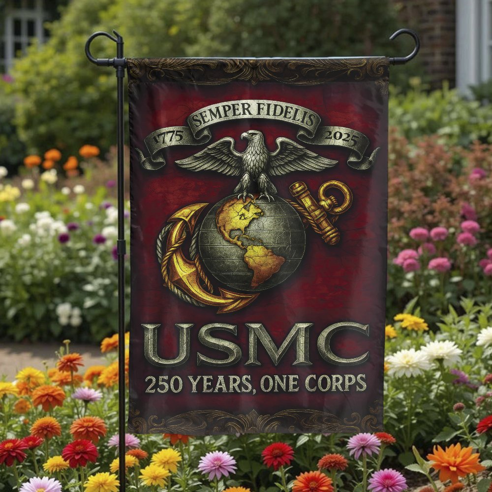 US Marine Corps Garden Flag | USMC 250th Anniversary Design | Double Sided Weather Resistant Polyester | Patriotic Veteran Gi
